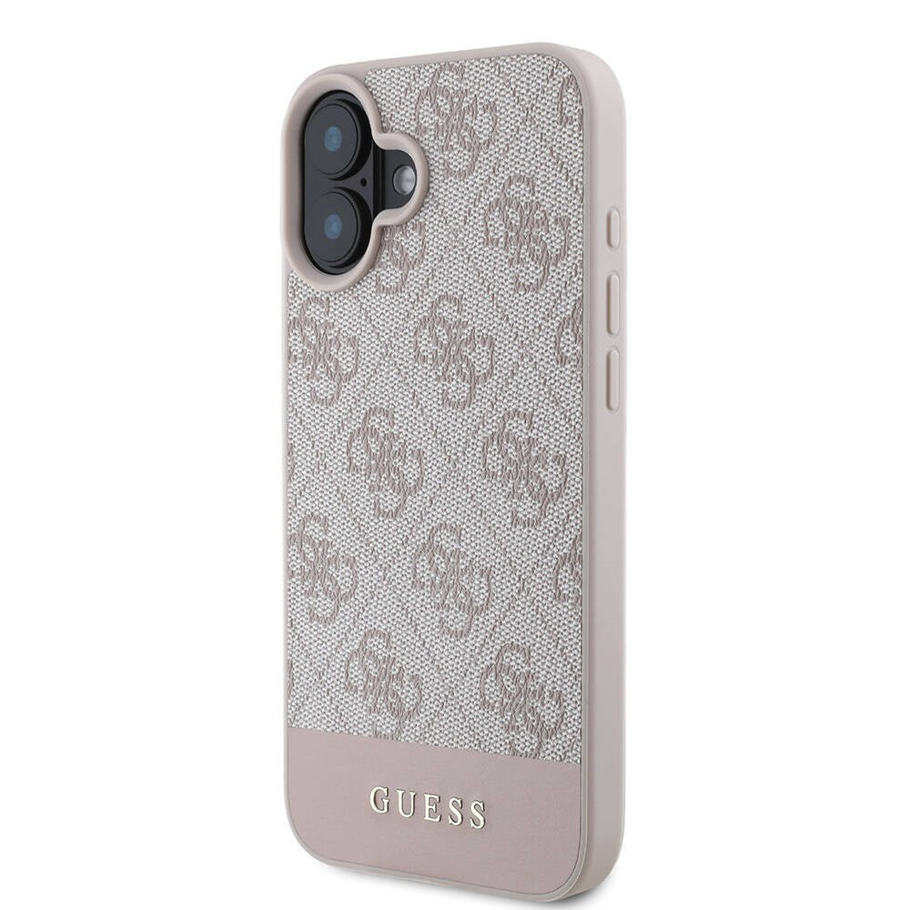 Apple iPhone 16 Kılıf Guess Orjinal Lisanslı M-safe Şarj Özellikli PU Deri Şerit Logo Dizaynlı Kapak Siyah