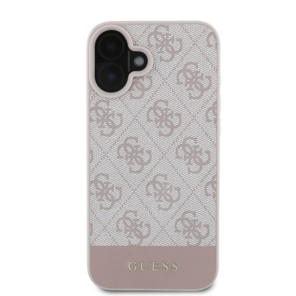 Apple iPhone 16 Kılıf Guess Orjinal Lisanslı M-safe Şarj Özellikli PU Deri Şerit Logo Dizaynlı Kapak Siyah