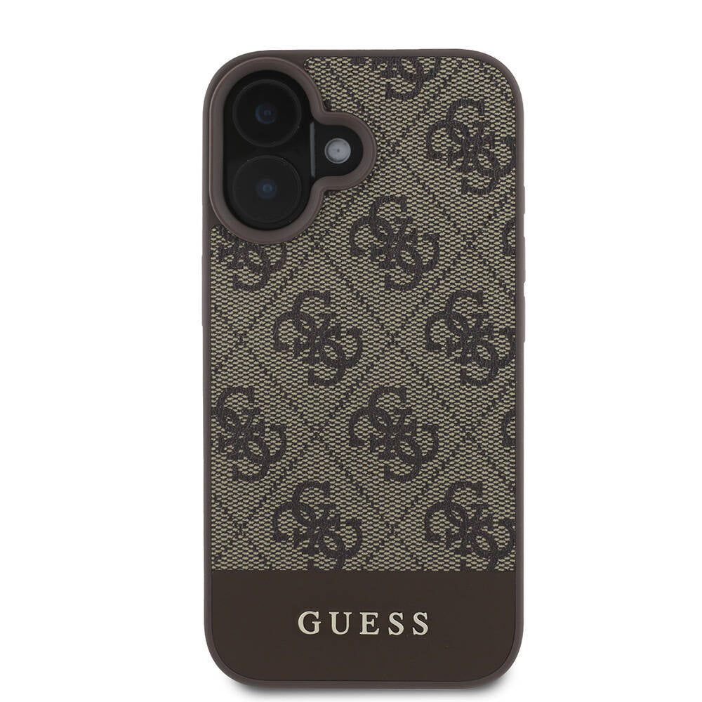 Apple iPhone 16 Kılıf Guess Orjinal Lisanslı M-safe Şarj Özellikli PU Deri Şerit Logo Dizaynlı Kapak Pembe