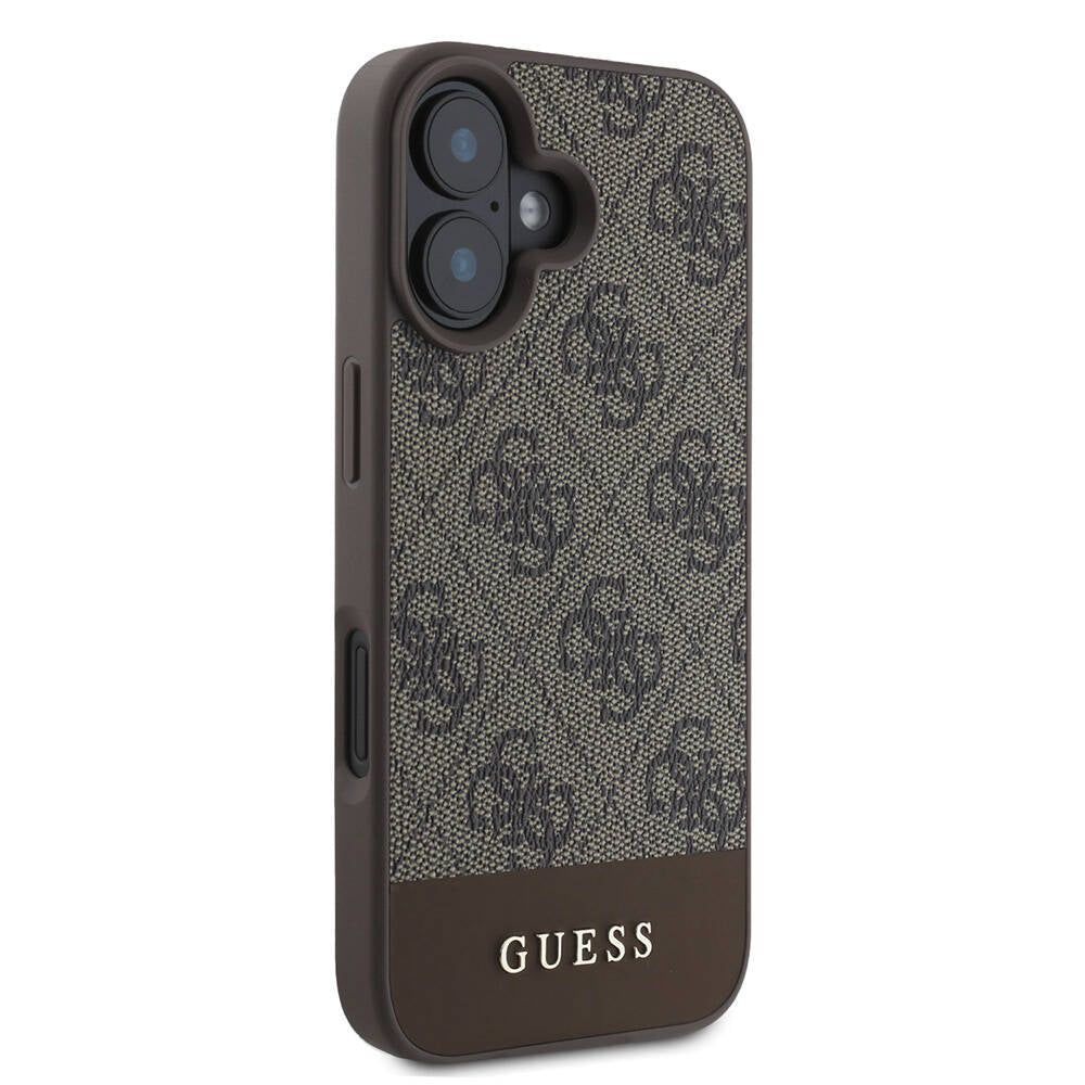 Apple iPhone 16 Kılıf Guess Orjinal Lisanslı M-safe Şarj Özellikli PU Deri Şerit Logo Dizaynlı Kapak Siyah