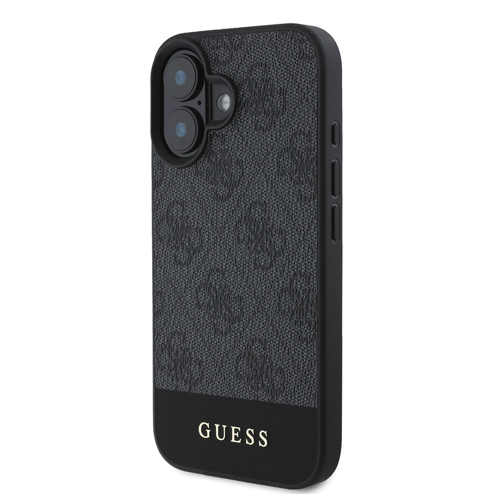 Apple iPhone 16 Kılıf Guess Orjinal Lisanslı M-safe Şarj Özellikli PU Deri Şerit Logo Dizaynlı Kapak Pembe