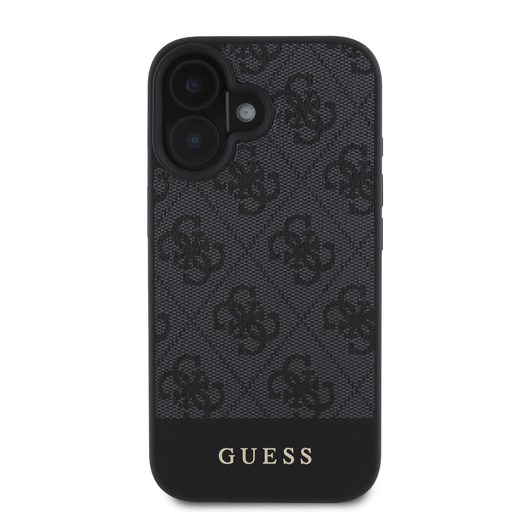 Apple iPhone 16 Kılıf Guess Orjinal Lisanslı M-safe Şarj Özellikli PU Deri Şerit Logo Dizaynlı Kapak Pembe