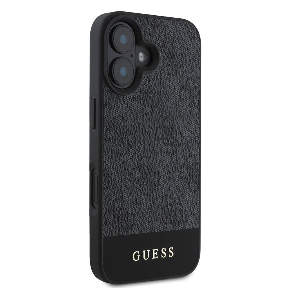 Apple iPhone 16 Kılıf Guess Orjinal Lisanslı M-safe Şarj Özellikli PU Deri Şerit Logo Dizaynlı Kapak Pembe