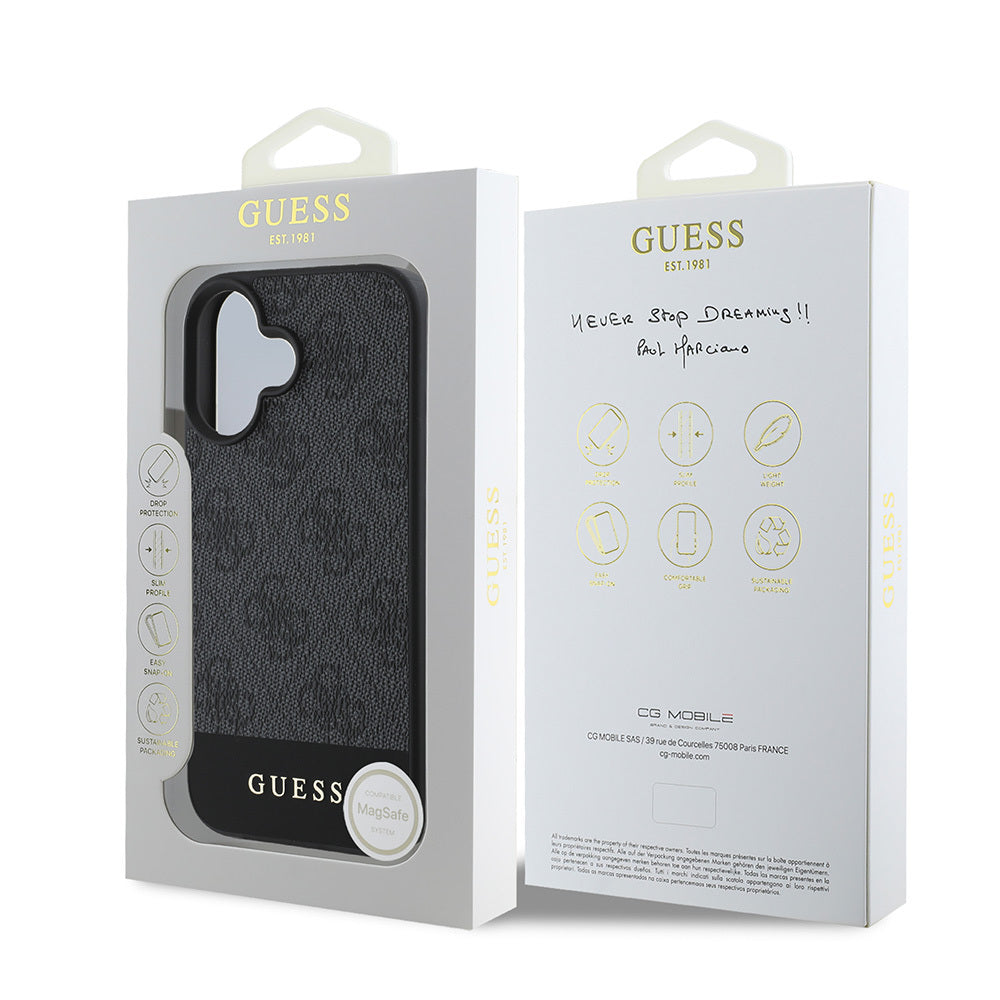 Apple iPhone 16 Kılıf Guess Orjinal Lisanslı M-safe Şarj Özellikli PU Deri Şerit Logo Dizaynlı Kapak Siyah