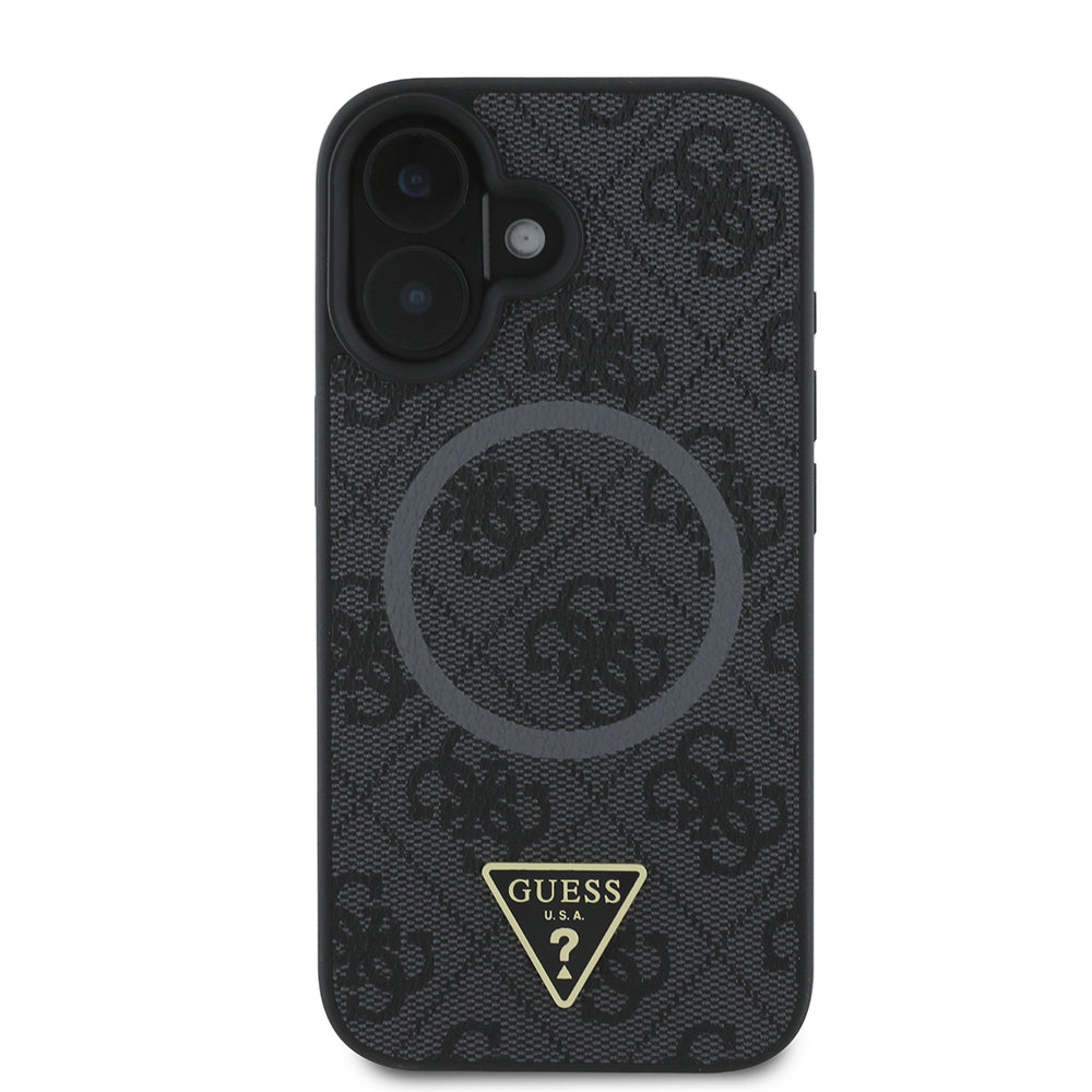Apple iPhone 16 Kılıf Guess Orjinal Lisanslı M-safe Şarj Özellikli PU Üçgen Logo 4G Desenli Kapak Pembe