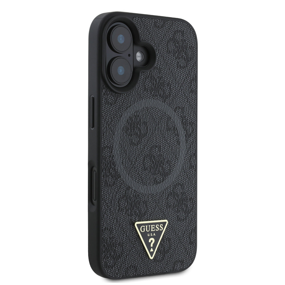 Apple iPhone 16 Kılıf Guess Orjinal Lisanslı M-safe Şarj Özellikli PU Üçgen Logo 4G Desenli Kapak Pembe