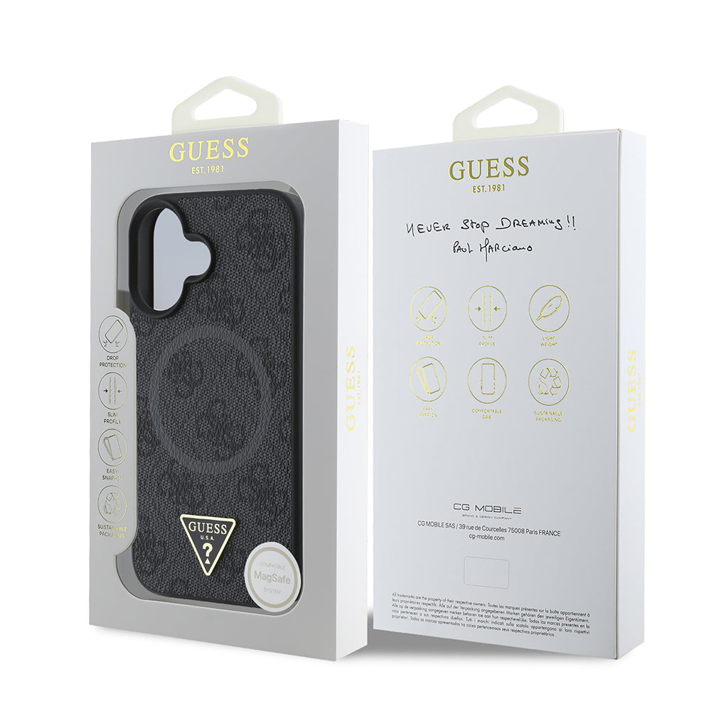Apple iPhone 16 Kılıf Guess Orjinal Lisanslı M-safe Şarj Özellikli PU Üçgen Logo 4G Desenli Kapak Pembe
