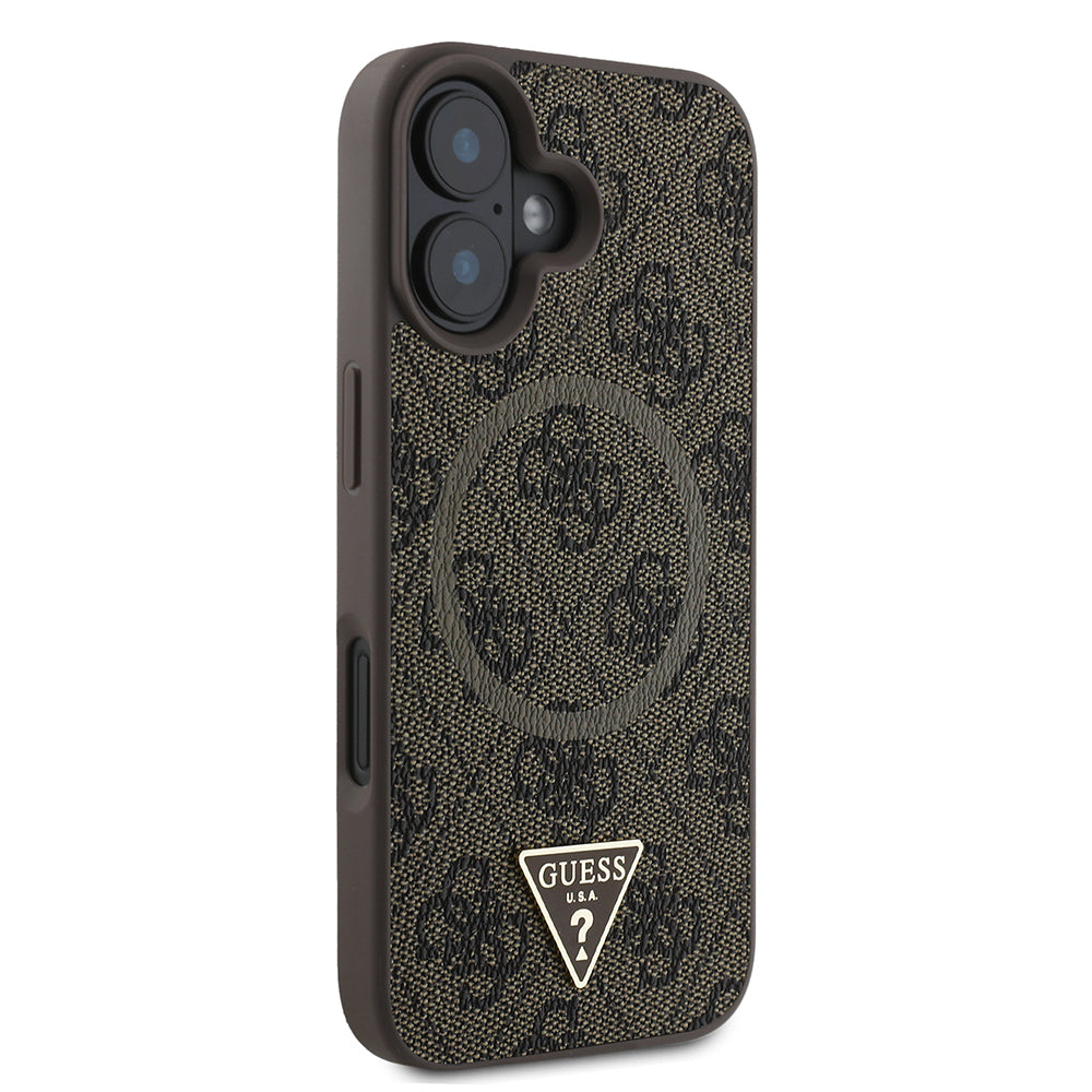 Apple iPhone 16 Kılıf Guess Orjinal Lisanslı M-safe Şarj Özellikli PU Üçgen Logo 4G Desenli Kapak Pembe