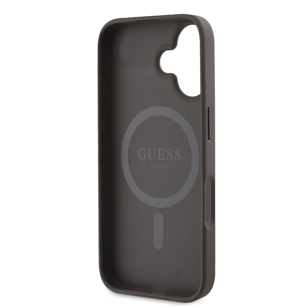 Apple iPhone 16 Kılıf Guess Orjinal Lisanslı M-safe Şarj Özellikli PU Üçgen Logo 4G Desenli Kapak Pembe