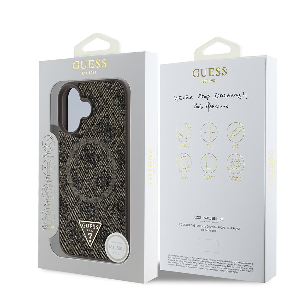 Apple iPhone 16 Kılıf Guess Orjinal Lisanslı M-safe Şarj Özellikli PU Üçgen Logo 4G Desenli Kapak Pembe