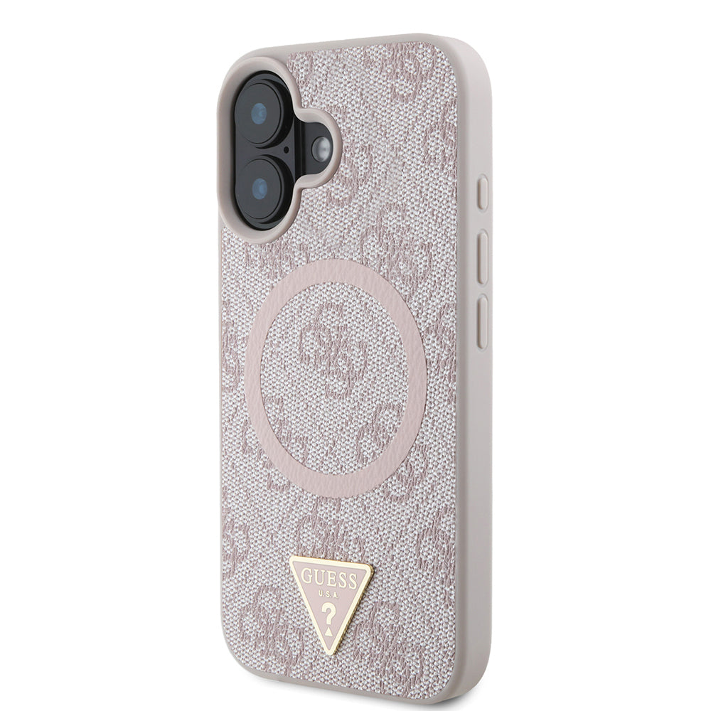 Apple iPhone 16 Kılıf Guess Orjinal Lisanslı M-safe Şarj Özellikli PU Üçgen Logo 4G Desenli Kapak Pembe