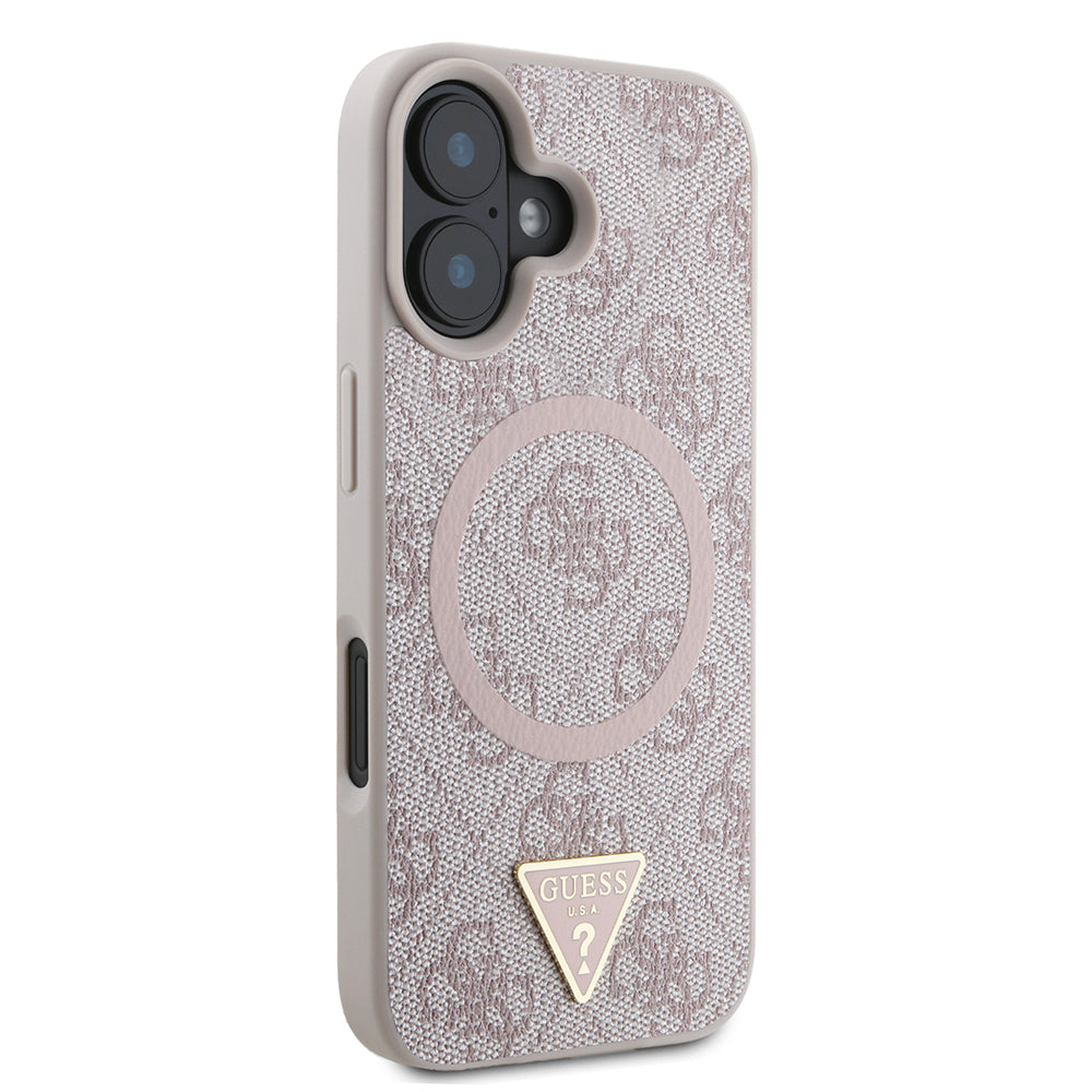 Apple iPhone 16 Kılıf Guess Orjinal Lisanslı M-safe Şarj Özellikli PU Üçgen Logo 4G Desenli Kapak Pembe