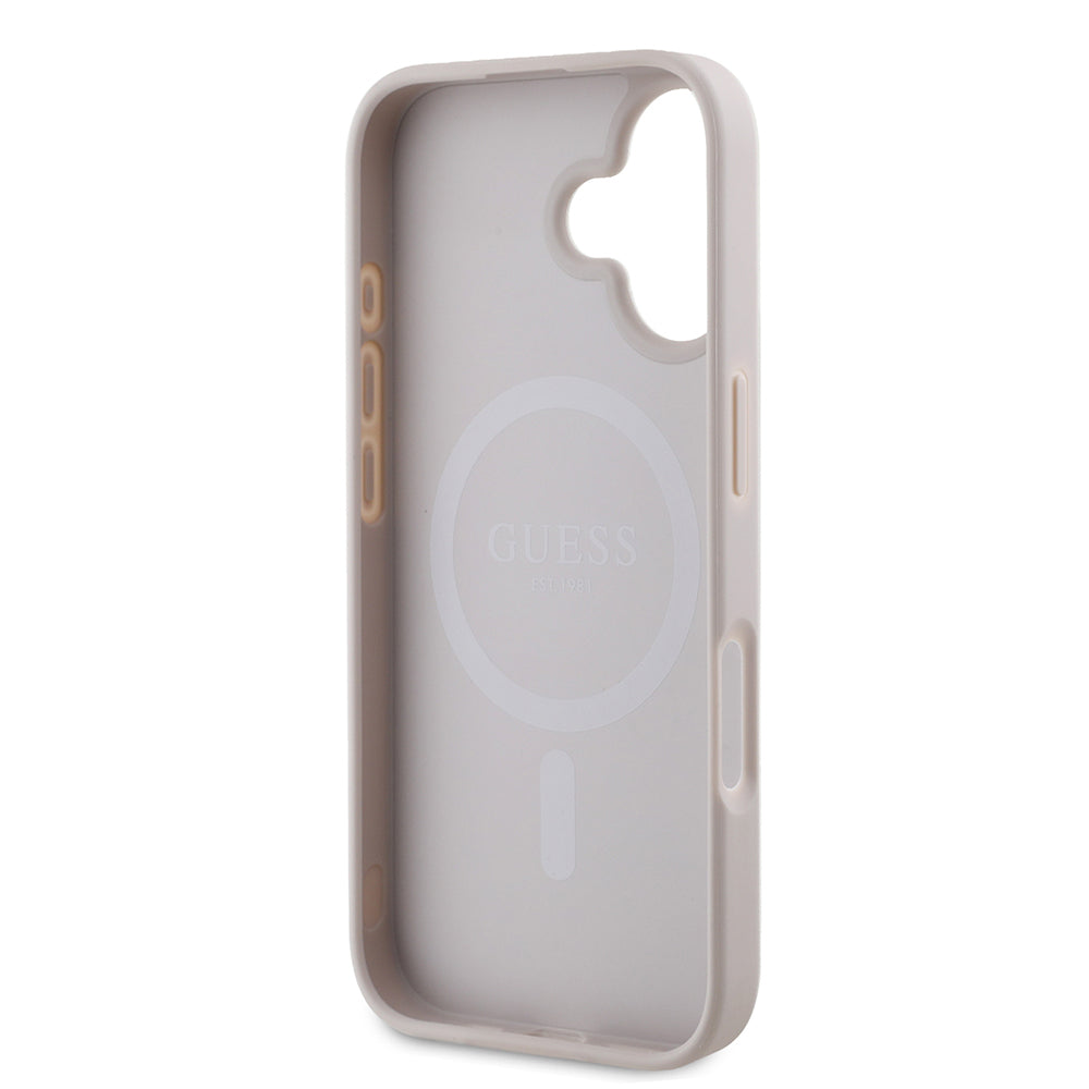 Apple iPhone 16 Kılıf Guess Orjinal Lisanslı M-safe Şarj Özellikli PU Üçgen Logo 4G Desenli Kapak Siyah