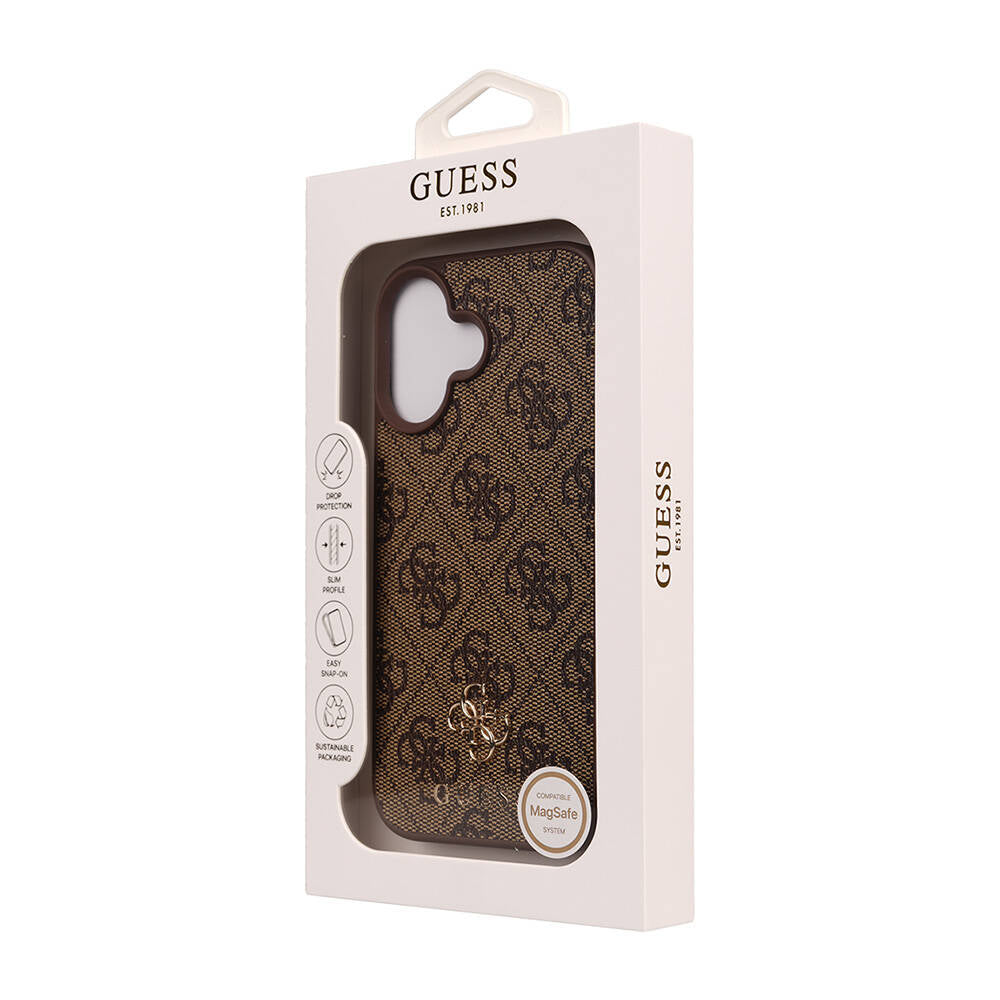 Apple iPhone 16 Kılıf Guess Orjinal Lisanslı M-safe Şarj Özellikli Small 4G Classic Kapak Kahverengi