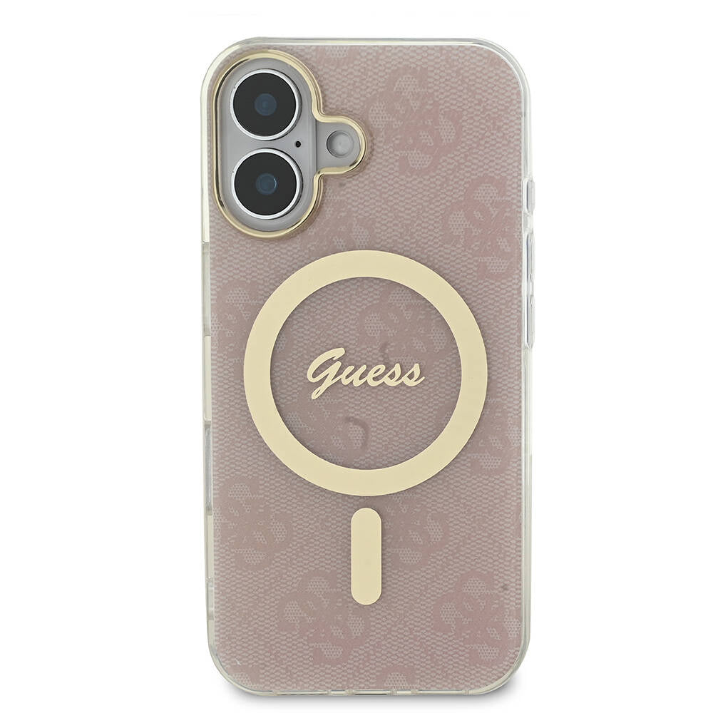 Apple iPhone 16 Kılıf Guess Orjinal Lisanslı M-safe Şarj Özellikli Yazı Logolu 4G Desenli Kapak Kahverengi