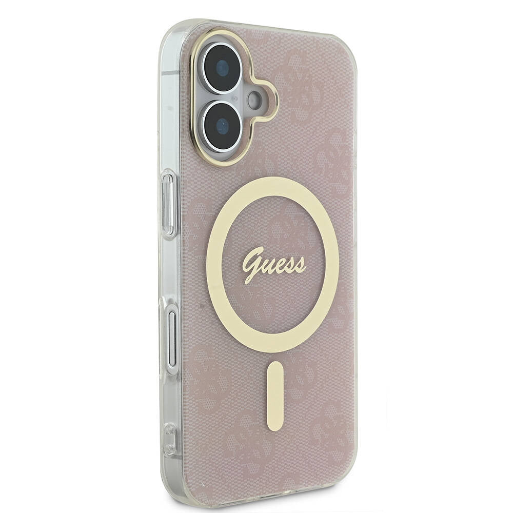 Apple iPhone 16 Kılıf Guess Orjinal Lisanslı M-safe Şarj Özellikli Yazı Logolu 4G Desenli Kapak Kahverengi