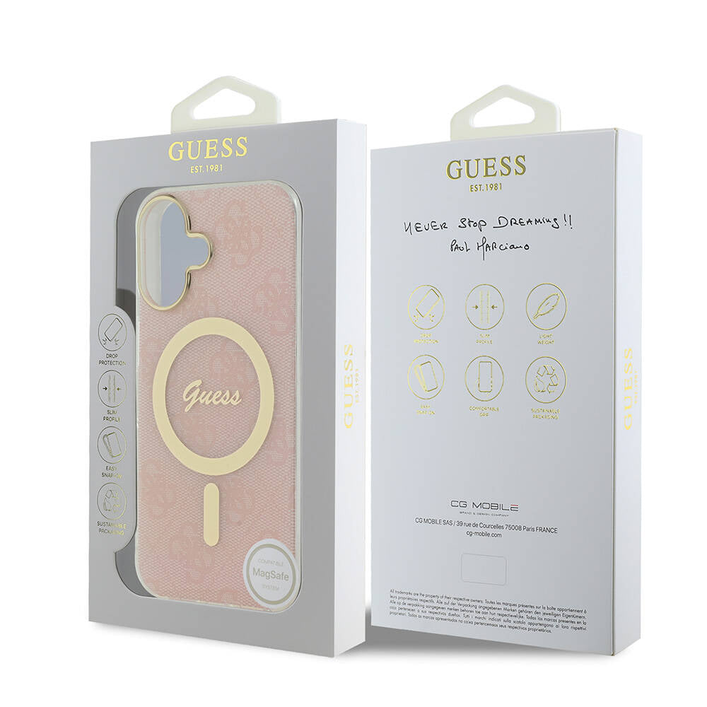 Apple iPhone 16 Kılıf Guess Orjinal Lisanslı M-safe Şarj Özellikli Yazı Logolu 4G Desenli Kapak Pembe