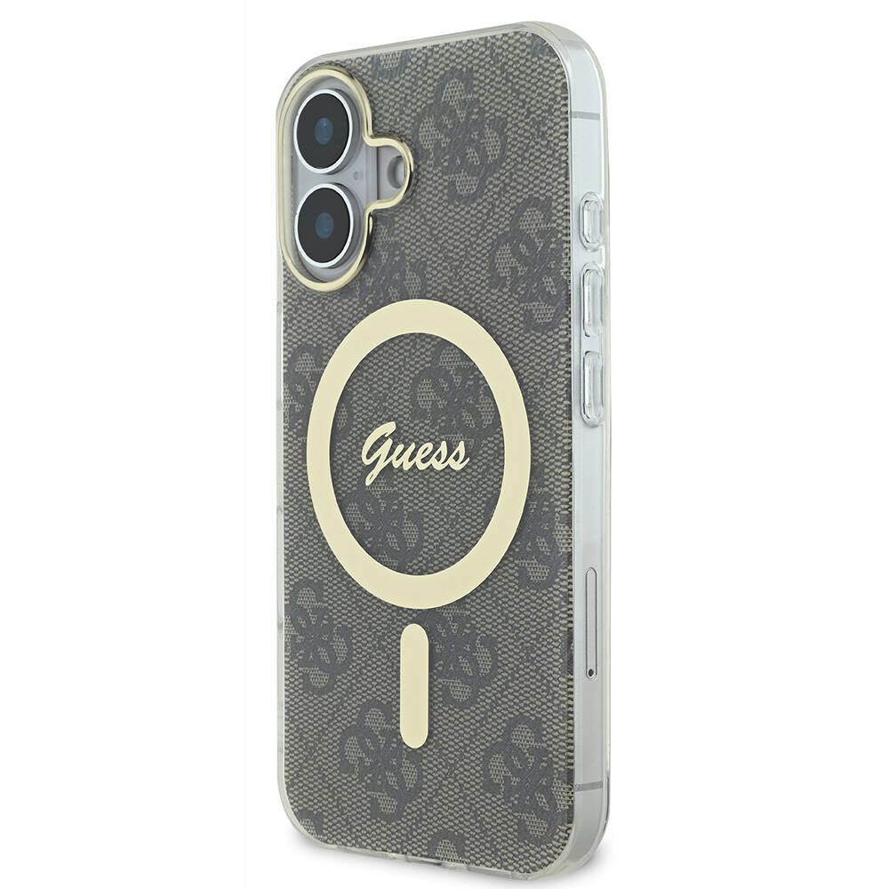 Apple iPhone 16 Kılıf Guess Orjinal Lisanslı M-safe Şarj Özellikli Yazı Logolu 4G Desenli Kapak Kahverengi