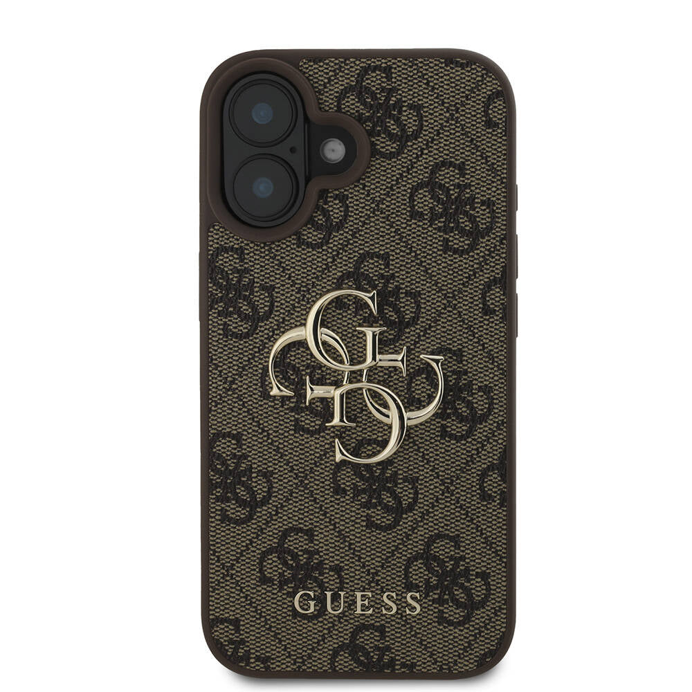 Apple iPhone 16 Kılıf Guess Orjinal Lisanslı PU Deri 4G Desenli Metal Büyük 4G ve Yazı Logolu Kapak Siyah