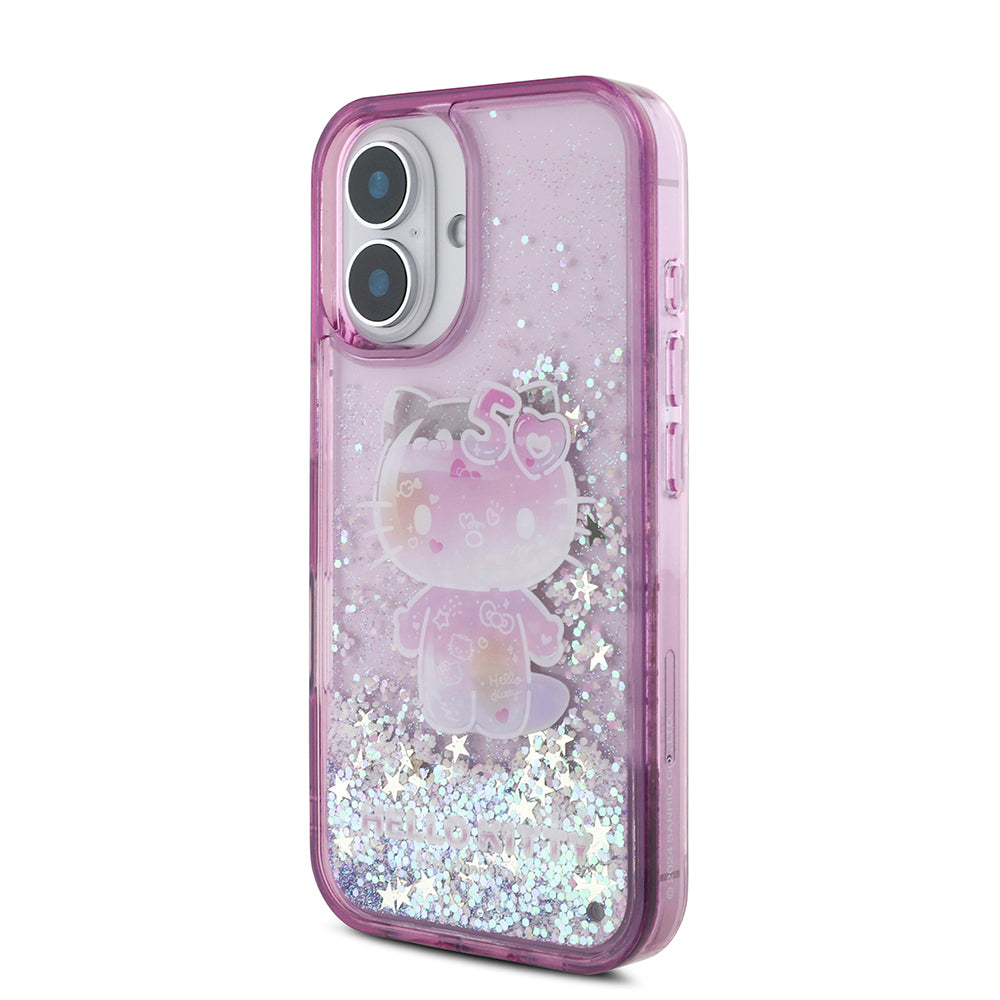 Apple iPhone 16 Kılıf Hello Kitty Orjinal Lisanslı Sıvılı Simli 50. Yıldönümü Partisi Kapak Mor