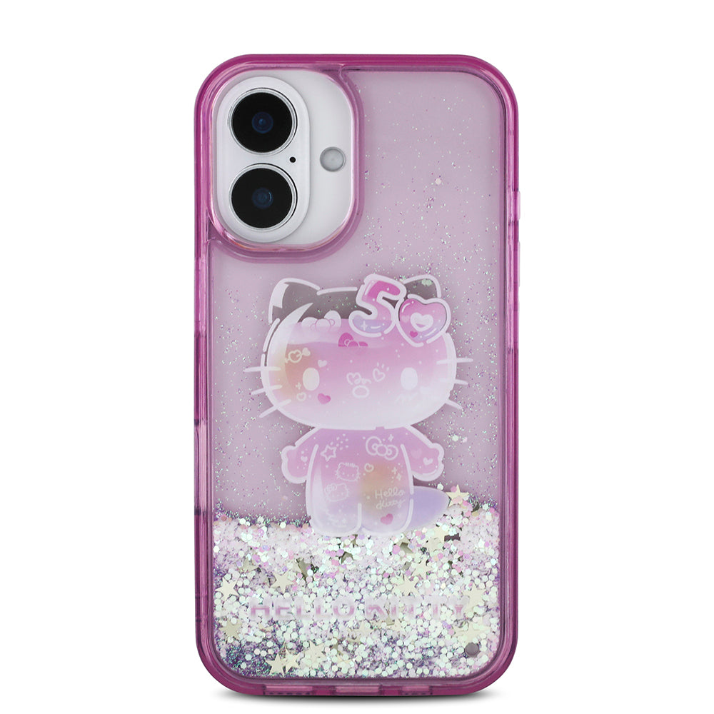 Apple iPhone 16 Kılıf Hello Kitty Orjinal Lisanslı Sıvılı Simli 50. Yıldönümü Partisi Kapak Mor