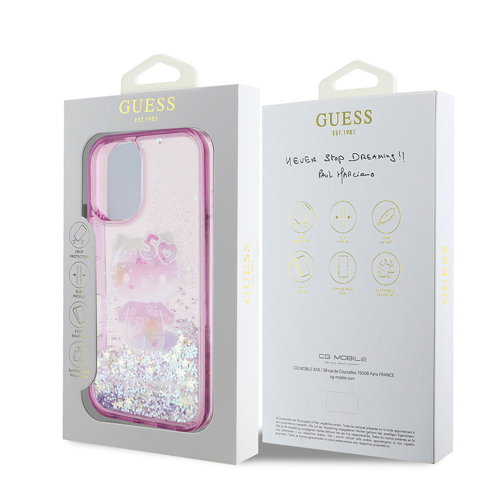 Apple iPhone 16 Kılıf Hello Kitty Orjinal Lisanslı Sıvılı Simli 50. Yıldönümü Partisi Kapak Mor