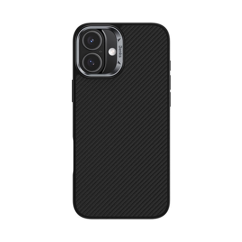 Apple iPhone 16 Kılıf Karbon Fiber M-safe Şarj Özellikli Benks Hybrid ArmorPro 600D Kevlar Kapak Siyah