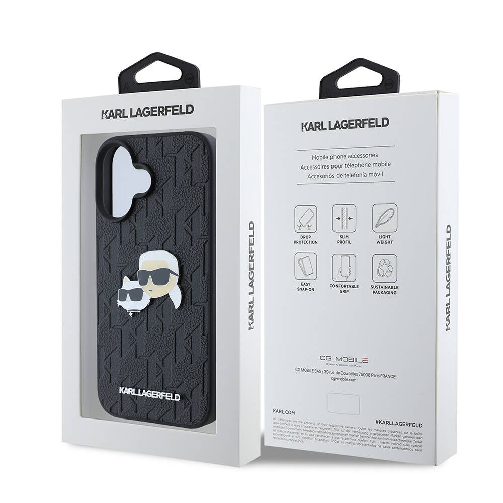 Apple iPhone 16 Kılıf Karl Lagerfeld Orjinal Lisanslı K&C Heads Monogram Pin Kapak Siyah