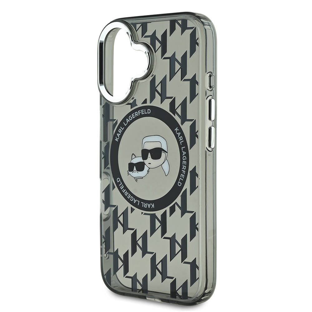 Apple iPhone 16 Kılıf Karl Lagerfeld Orjinal Lisanslı M-safe Şarj Özellikli IML Baskılı Metal Monogram KC Heads Kapak Siyah