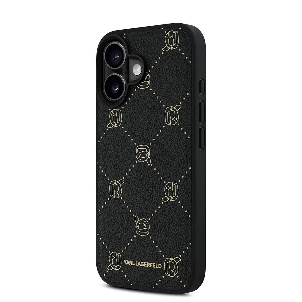 Apple iPhone 16 Kılıf Karl Lagerfeld Orjinal Lisanslı M-safe Şarj Özellikli PU Deri Karl Heads Desenli Klasik Logolu Kapak Siyah