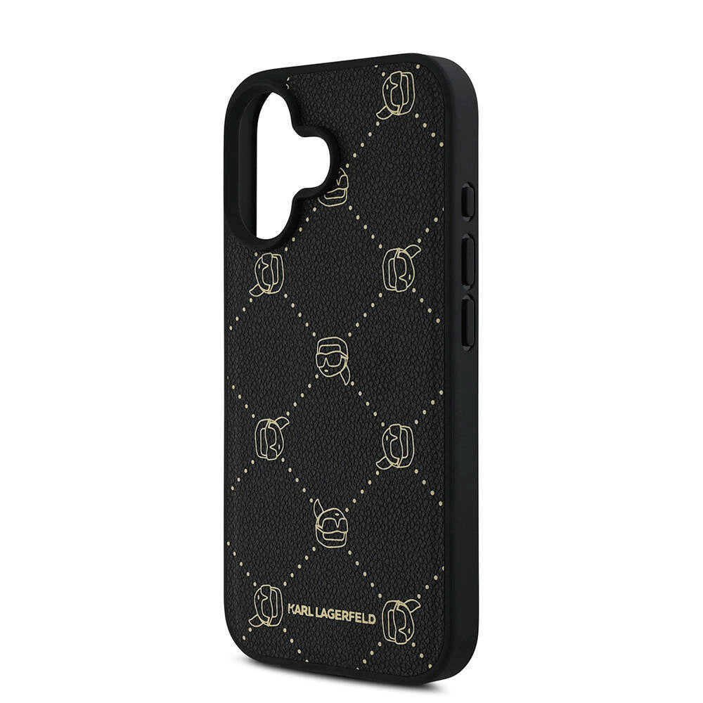 Apple iPhone 16 Kılıf Karl Lagerfeld Orjinal Lisanslı M-safe Şarj Özellikli PU Deri Karl Heads Desenli Klasik Logolu Kapak Siyah