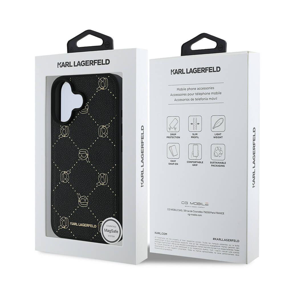 Apple iPhone 16 Kılıf Karl Lagerfeld Orjinal Lisanslı M-safe Şarj Özellikli PU Deri Karl Heads Desenli Klasik Logolu Kapak Siyah
