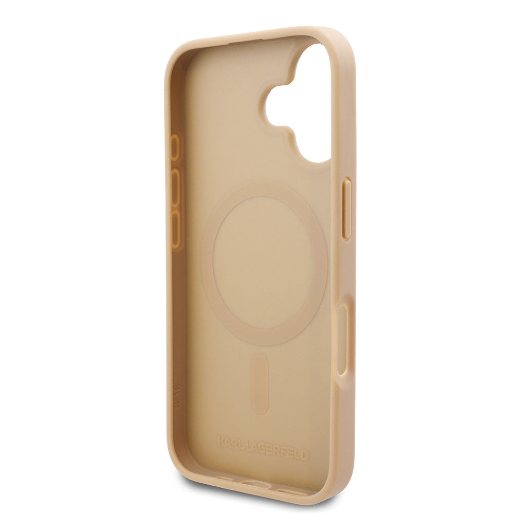 Apple iPhone 16 Kılıf Karl Lagerfeld Orjinal Lisanslı M-safe Şarj Özellikli KL Yazılı Hot Stamp Kapak Krem