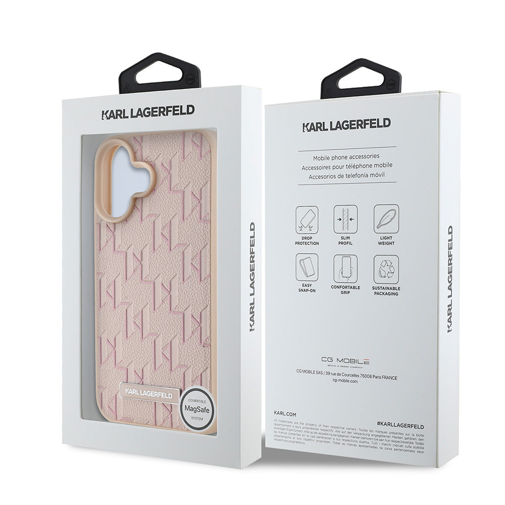 Apple iPhone 16 Kılıf Karl Lagerfeld Orjinal Lisanslı M-safe Şarj Özellikli KL Yazılı Hot Stamp Kapak Pembe