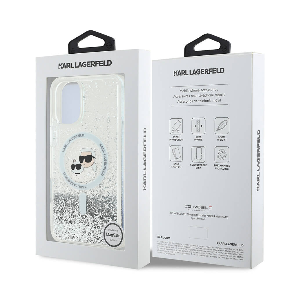 Apple iPhone 16 Kılıf Karl Lagerfeld Orjinal Lisanslı M-safe Şarj Özellikli Sıvılı Simli K&C Heads Kapak Şeffaf