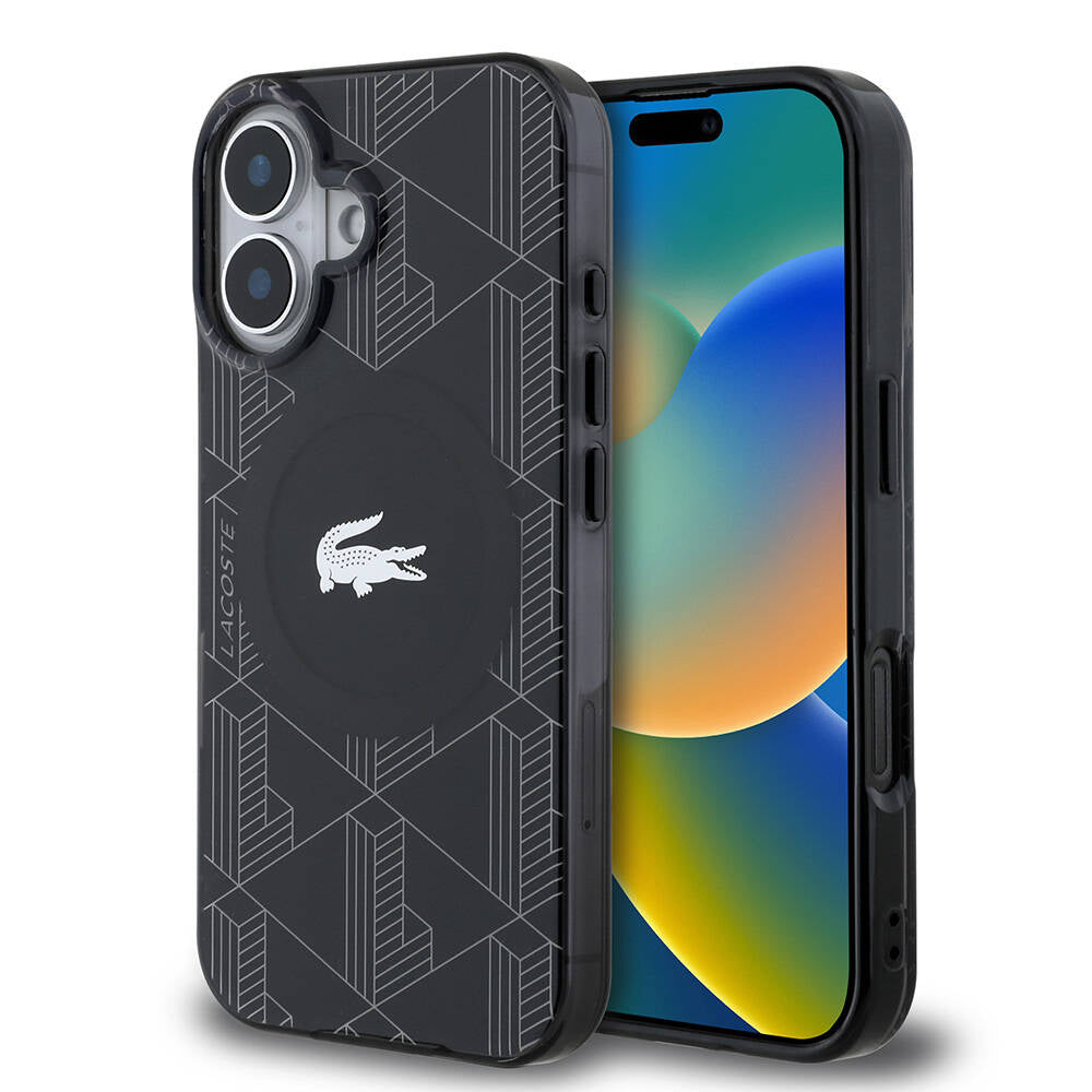 Apple iPhone 16 Kılıf Lacoste Orjinal Lisanslı M-safe Şarj Özellikli IML Baskılı Gümüş Timsah Logolu Monogram Kapak Lacivert