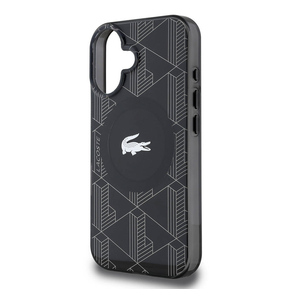Apple iPhone 16 Kılıf Lacoste Orjinal Lisanslı M-safe Şarj Özellikli IML Baskılı Gümüş Timsah Logolu Monogram Kapak Lacivert