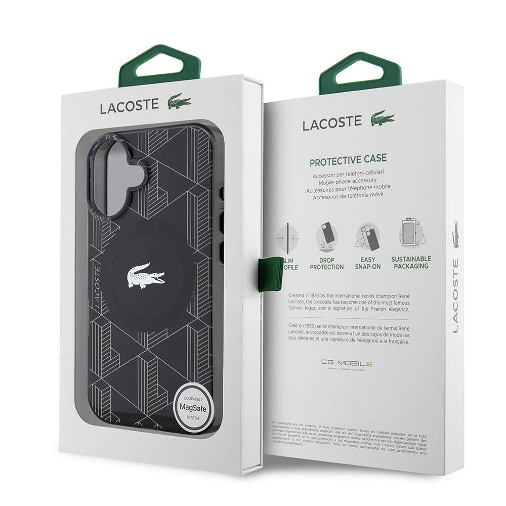 Apple iPhone 16 Kılıf Lacoste Orjinal Lisanslı M-safe Şarj Özellikli IML Baskılı Gümüş Timsah Logolu Monogram Kapak Lacivert
