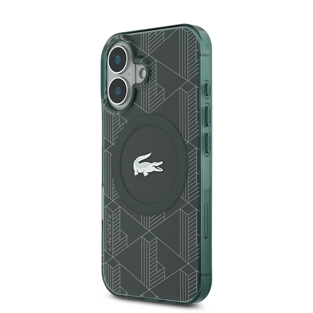 Apple iPhone 16 Kılıf Lacoste Orjinal Lisanslı M-safe Şarj Özellikli IML Baskılı Gümüş Timsah Logolu Monogram Kapak Yeşil