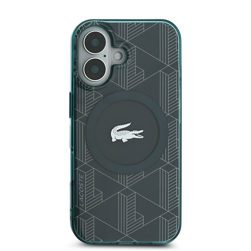Apple iPhone 16 Kılıf Lacoste Orjinal Lisanslı M-safe Şarj Özellikli IML Baskılı Gümüş Timsah Logolu Monogram Kapak Lacivert