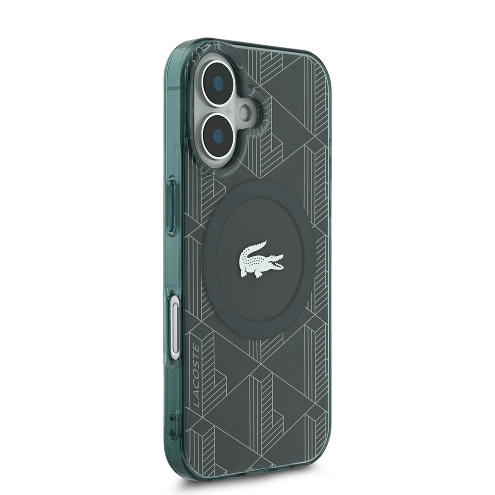 Apple iPhone 16 Kılıf Lacoste Orjinal Lisanslı M-safe Şarj Özellikli IML Baskılı Gümüş Timsah Logolu Monogram Kapak Yeşil