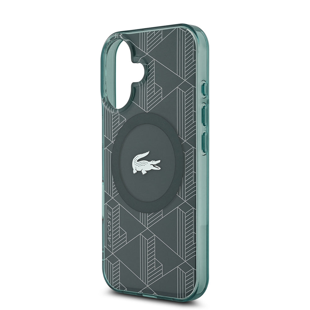 Apple iPhone 16 Kılıf Lacoste Orjinal Lisanslı M-safe Şarj Özellikli IML Baskılı Gümüş Timsah Logolu Monogram Kapak Lacivert
