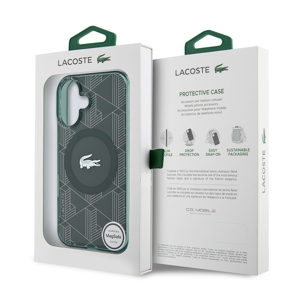 Apple iPhone 16 Kılıf Lacoste Orjinal Lisanslı M-safe Şarj Özellikli IML Baskılı Gümüş Timsah Logolu Monogram Kapak Yeşil