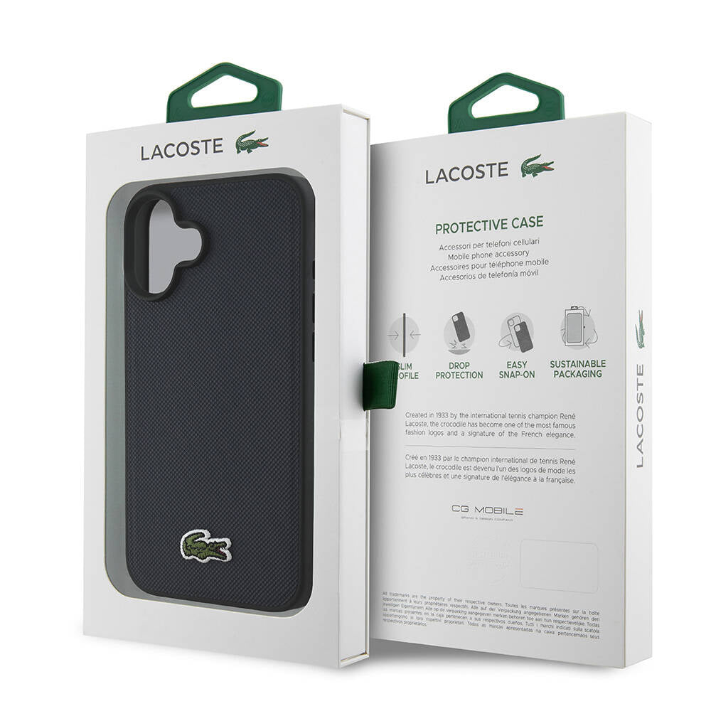 Apple iPhone 16 Kılıf Lacoste Orjinal Lisanslı PU Pike Desenli Arka Yüzey İkonik Timsah Dokuma Logolu Kapak Lacivert