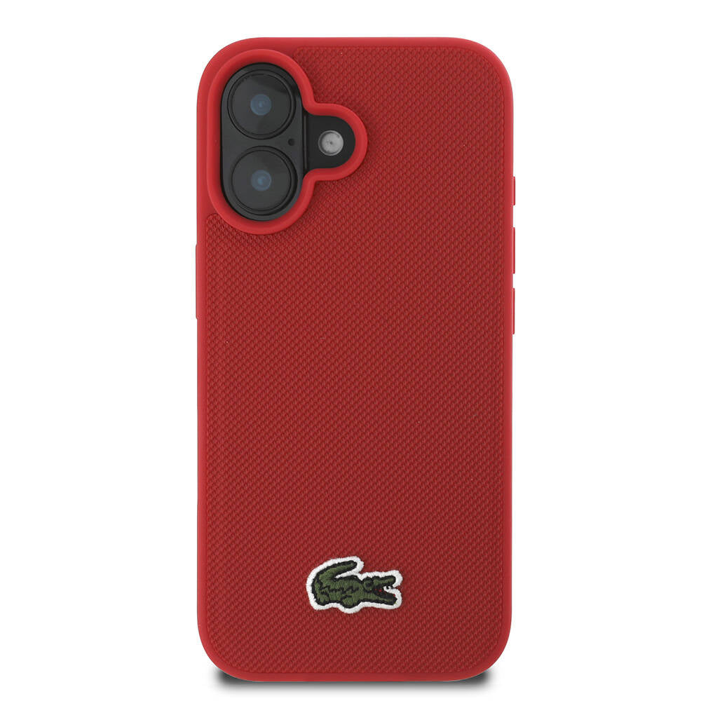 Apple iPhone 16 Kılıf Lacoste Orjinal Lisanslı PU Pike Desenli Arka Yüzey İkonik Timsah Dokuma Logolu Kapak Kırmızı