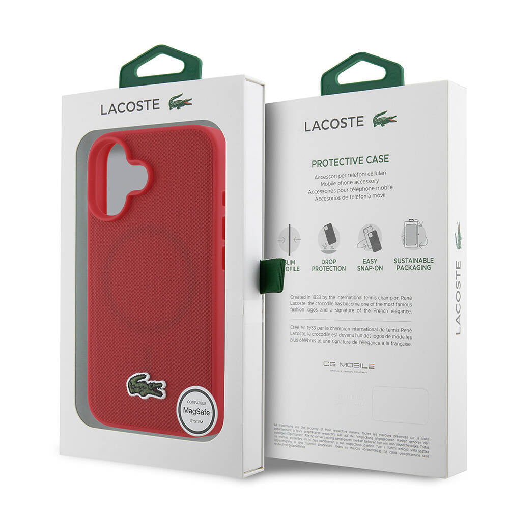Apple iPhone 16 Kılıf Lacoste Orjinal Lisanslı PU Pike Desenli Arka Yüzey İkonik Timsah Dokuma Logolu Kapak Kırmızı