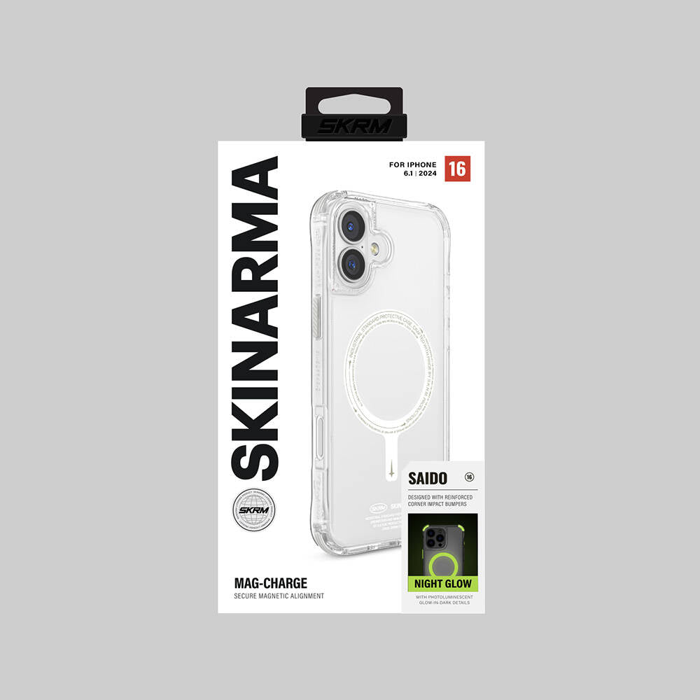 Apple iPhone 16 Kılıf M-safe Şarj Özellikli Şeffaf Airbag Tasarımlı Skinarma Saido Nightglow Kapak Şeffaf