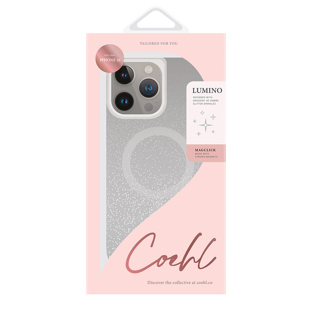 Apple iPhone 16 Kılıf M-safe Şarj Özellikli Simli Arka Yüzey Askı Aparatlı Coehl Lumino Kapak Gümüş
