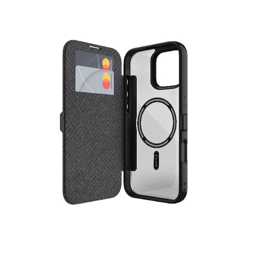 Apple iPhone 16 Kılıf M-safe Şarj Özellikli Vegan Deri Tasarımlı Şeffaf Arka Yüzey Kartlıklı Raptic Urban Folio Serisi Kapak