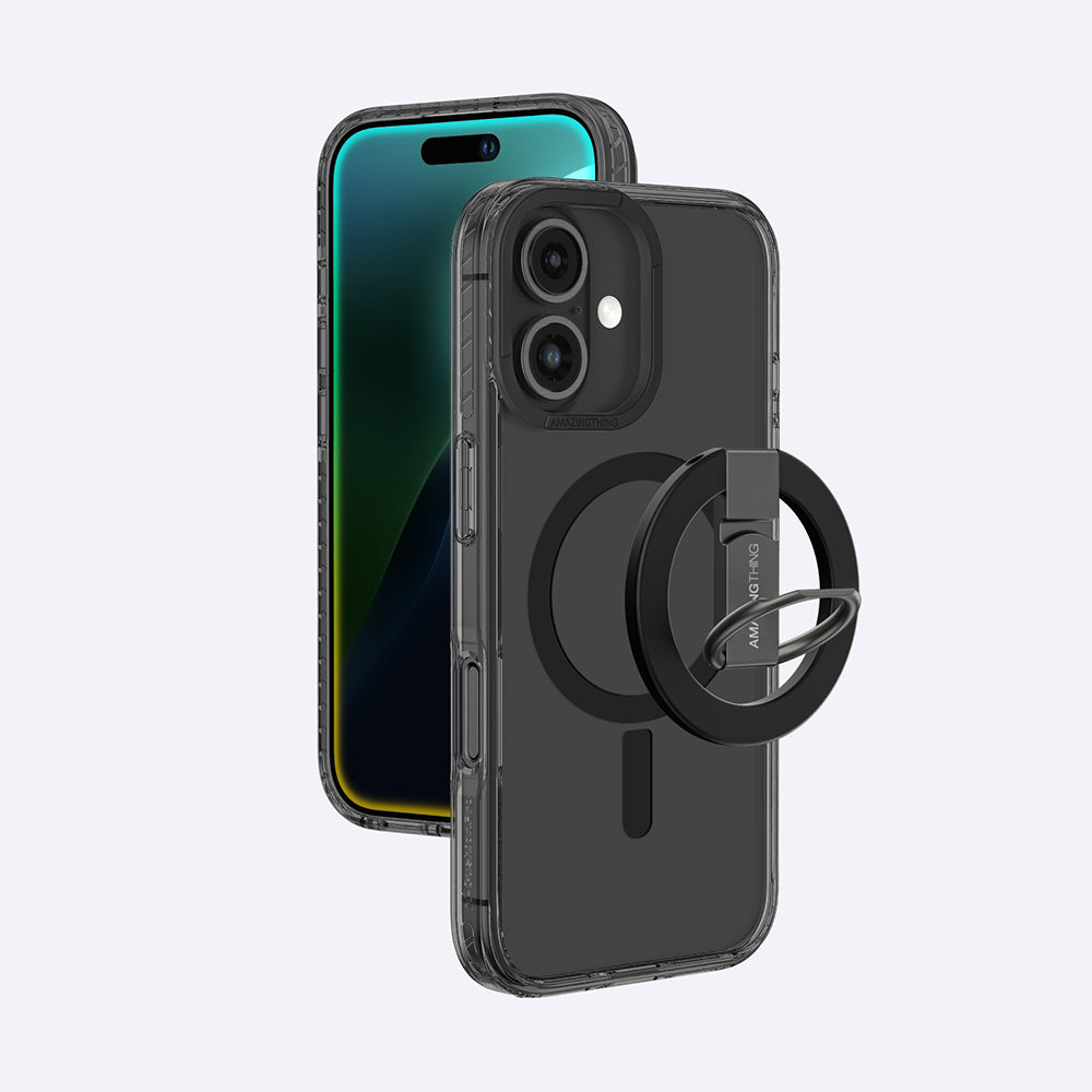 Apple iPhone 16 Kılıf M-safe Şarj Özellikli Yüzük Standlı Amazingthing Titan Pro Serisi Kapak Siyah